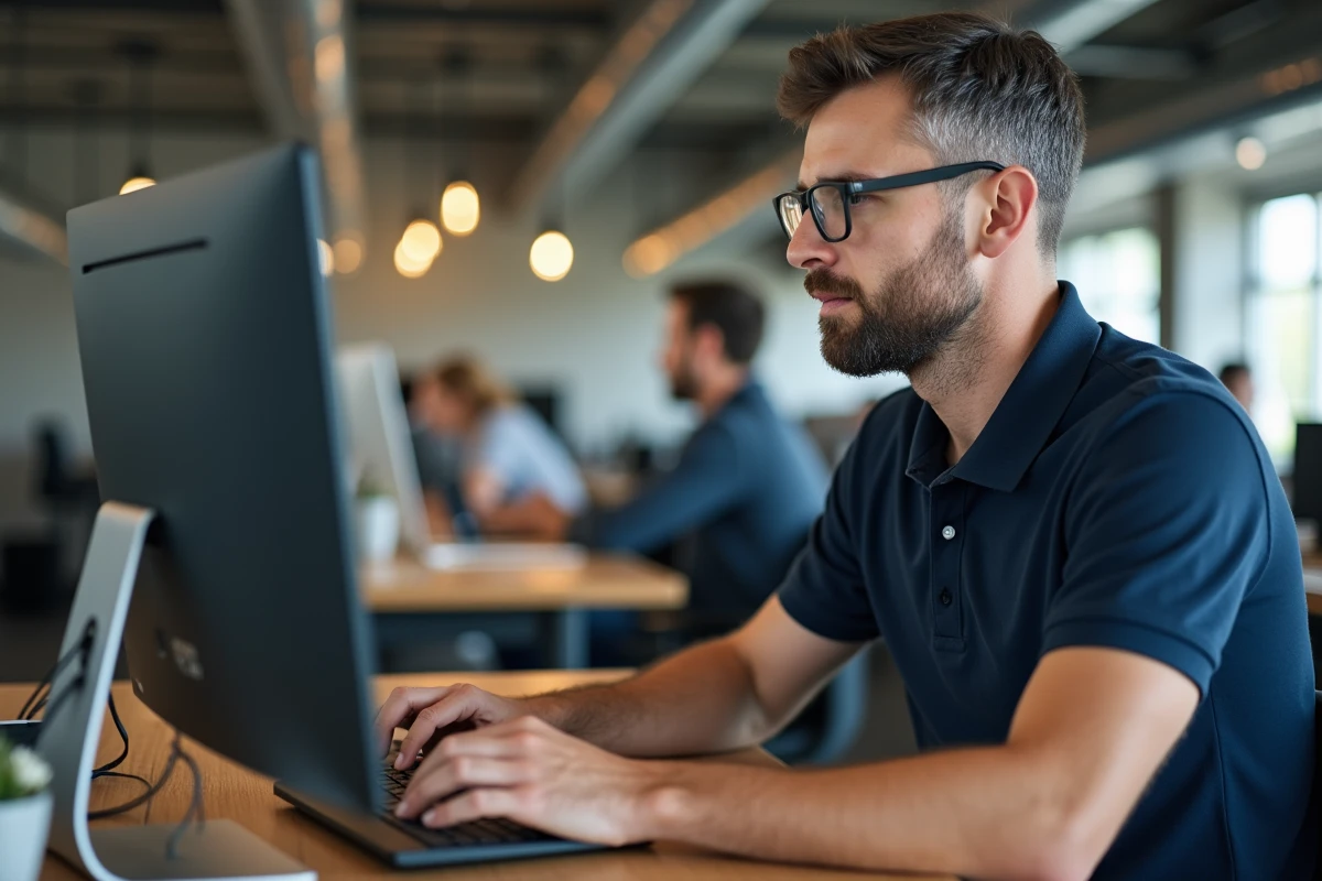 Homme accédant à son espace de formation en ligne dans un espace de coworking moderne