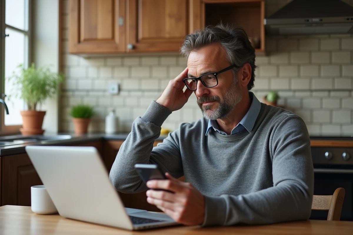 Homme cherchant une solution à un problème d'accès à sa messagerie académique depuis son domicile