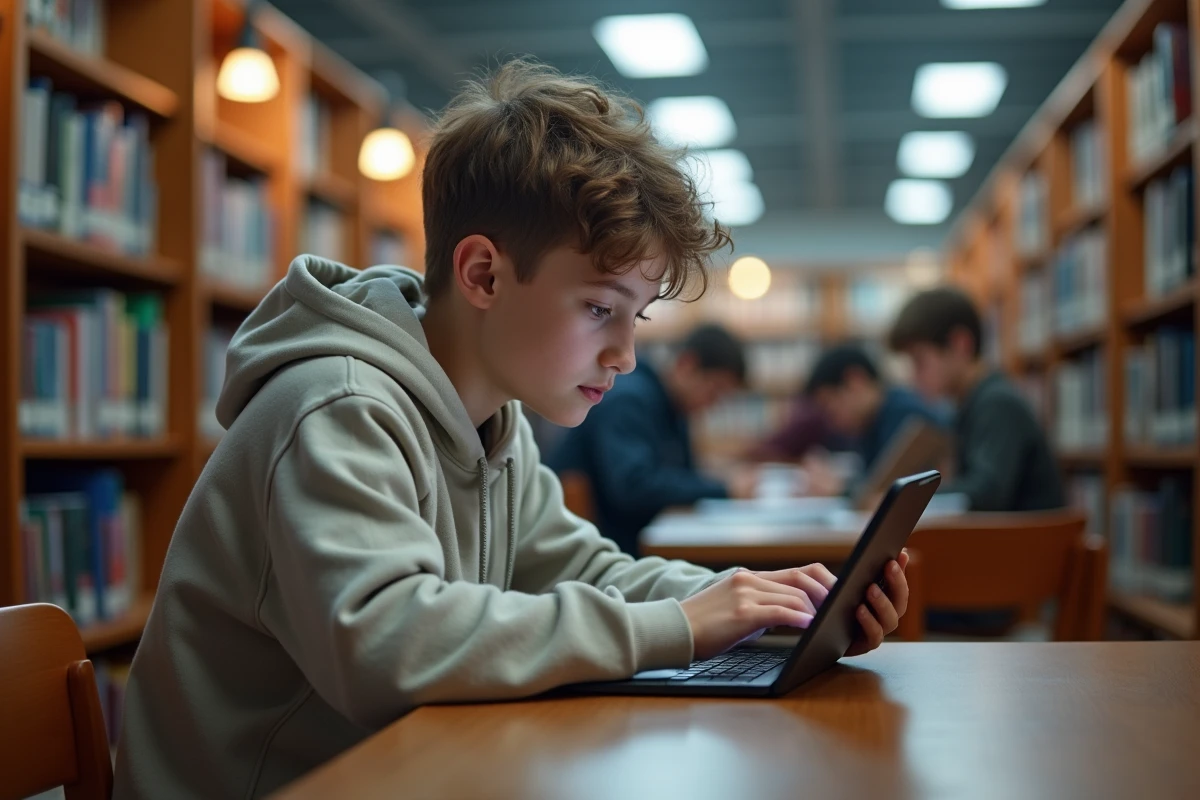 Adolescent explorant un simulateur m&eacute;moire &agrave; la biblioth&egrave;que