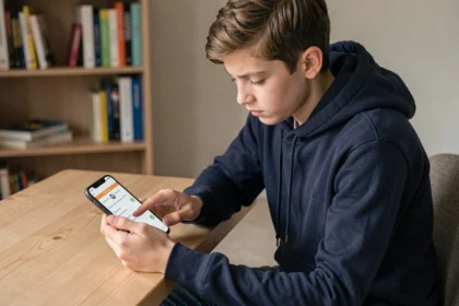 Adolescent révisant l'ASSR 2 sur son smartphone assis à un bureau en bois dans une chambre