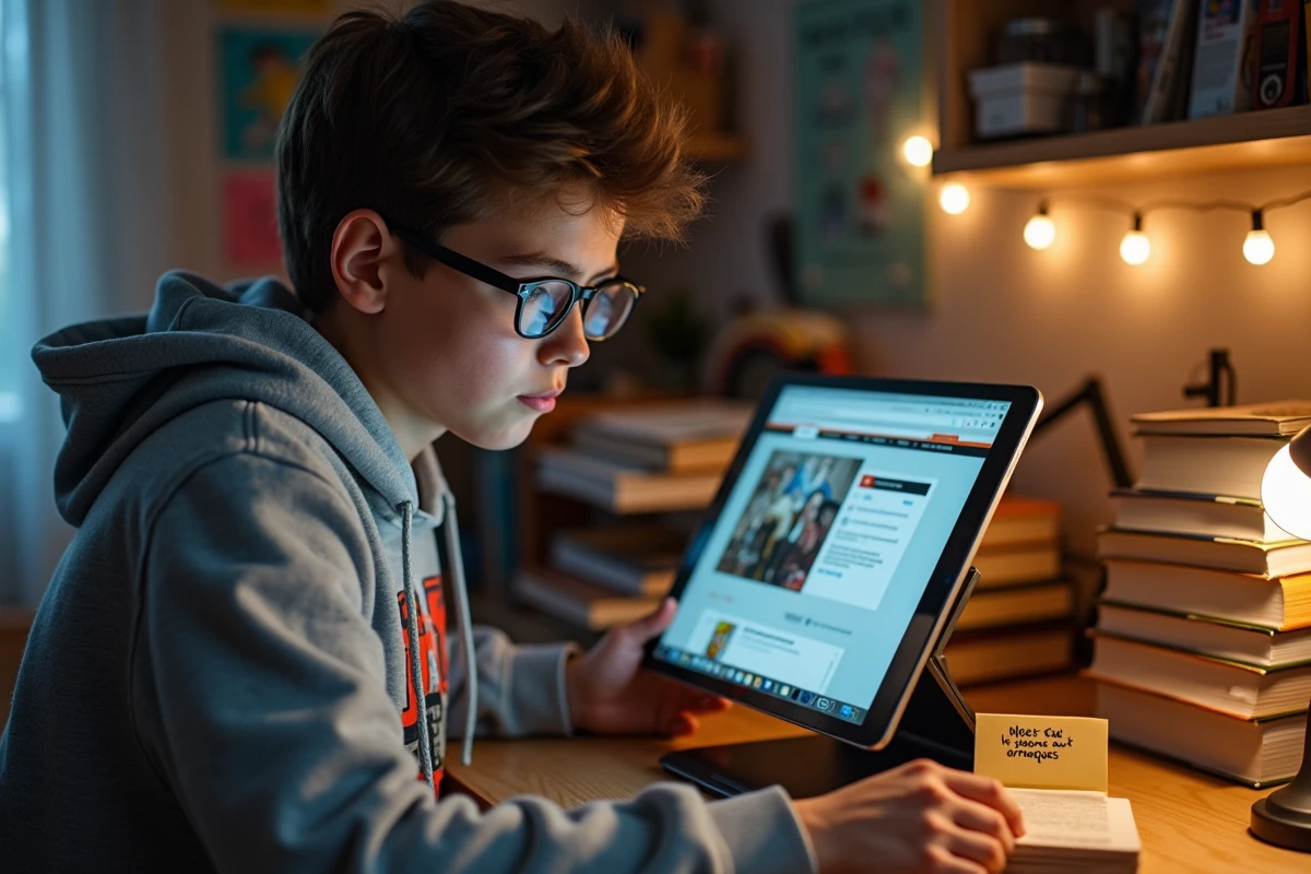 Adolescent évaluant des ressources en ligne pour l'apprentissage alternatif, visible note d'avertissement sur les pièges à éviter, dans un bureau de chambre encombré et authentique