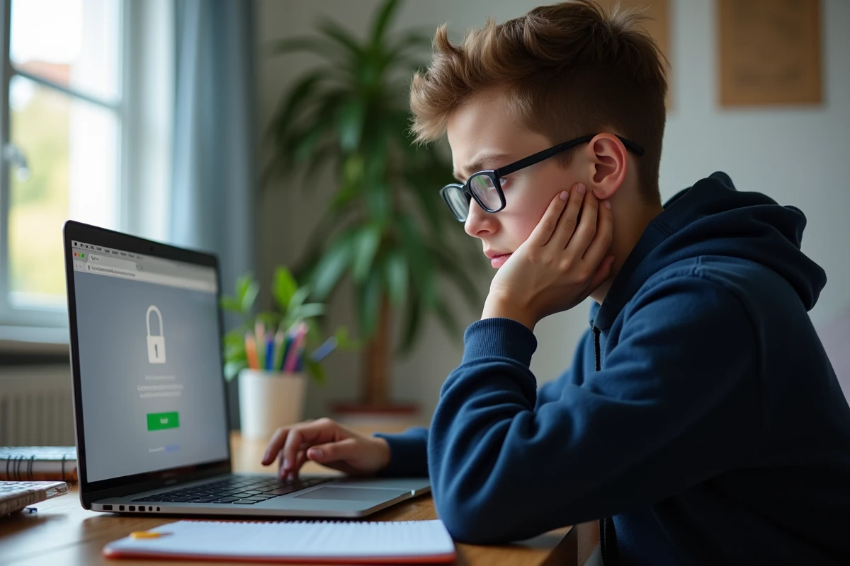 Adolescent frustré face à un problème de connexion sur Cybercollège depuis son bureau à domicile