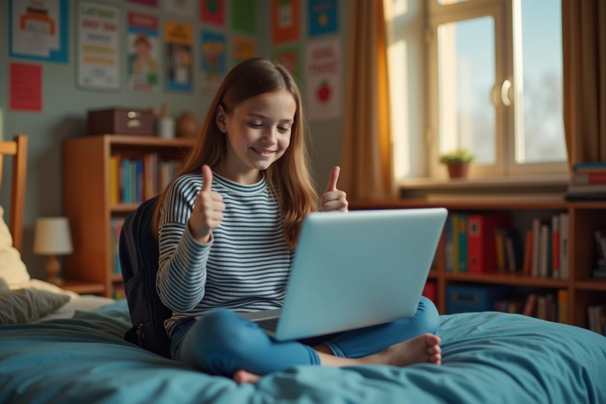 Adolescente soulagée après avoir résolu son problème de connexion à Cybercollège sur son ordinateur portable