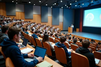 Amphithéâtre de l'université d'Angers rempli d'étudiants prenant des notes lors d'un cours magistral