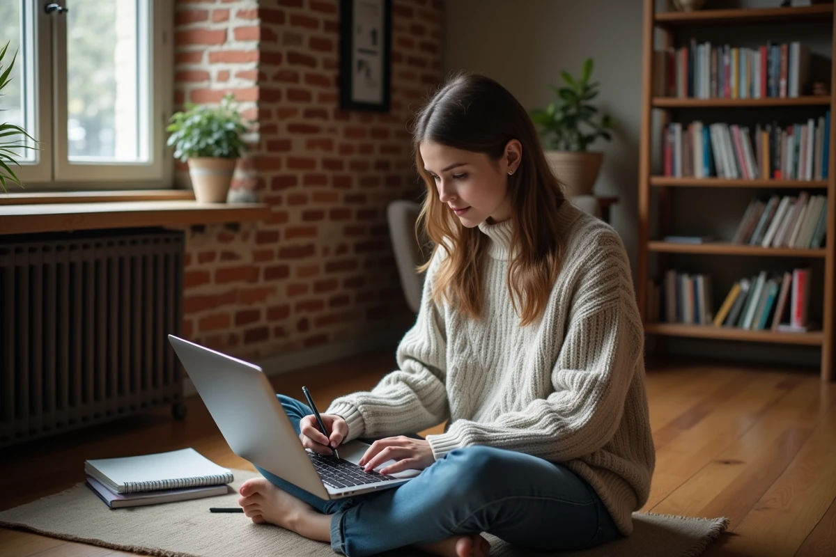 Jeune femme apprenant en ligne depuis son domicile sur une plateforme d'apprentissage alternatif, prenant des notes manuscrites sur son cahier, dans un espace cozy avec briques apparentes