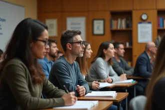 Groupe d'adultes en atelier en soirée dans un centre communautaire