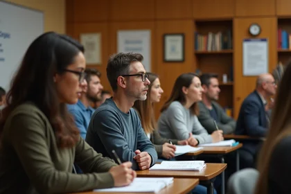 Groupe d'adultes en atelier en soir&eacute;e dans un centre communautaire