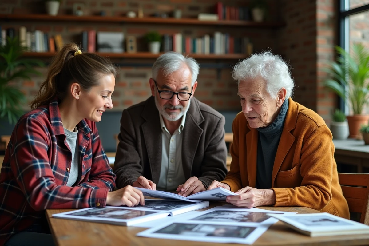 Trois personnes examinent un portfolio photo dans un studio créatif