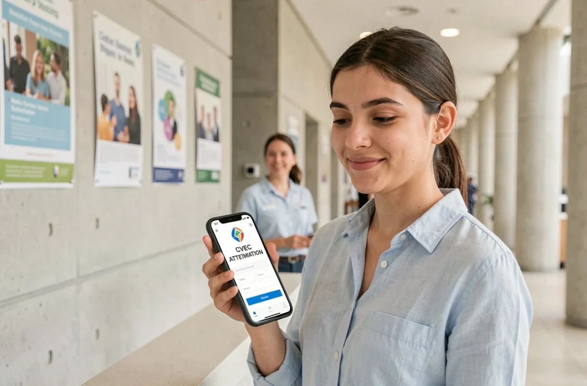 Étudiante souriant après avoir obtenu son attestation CVEC sur son smartphone à l'accueil d'un campus universitaire moderne