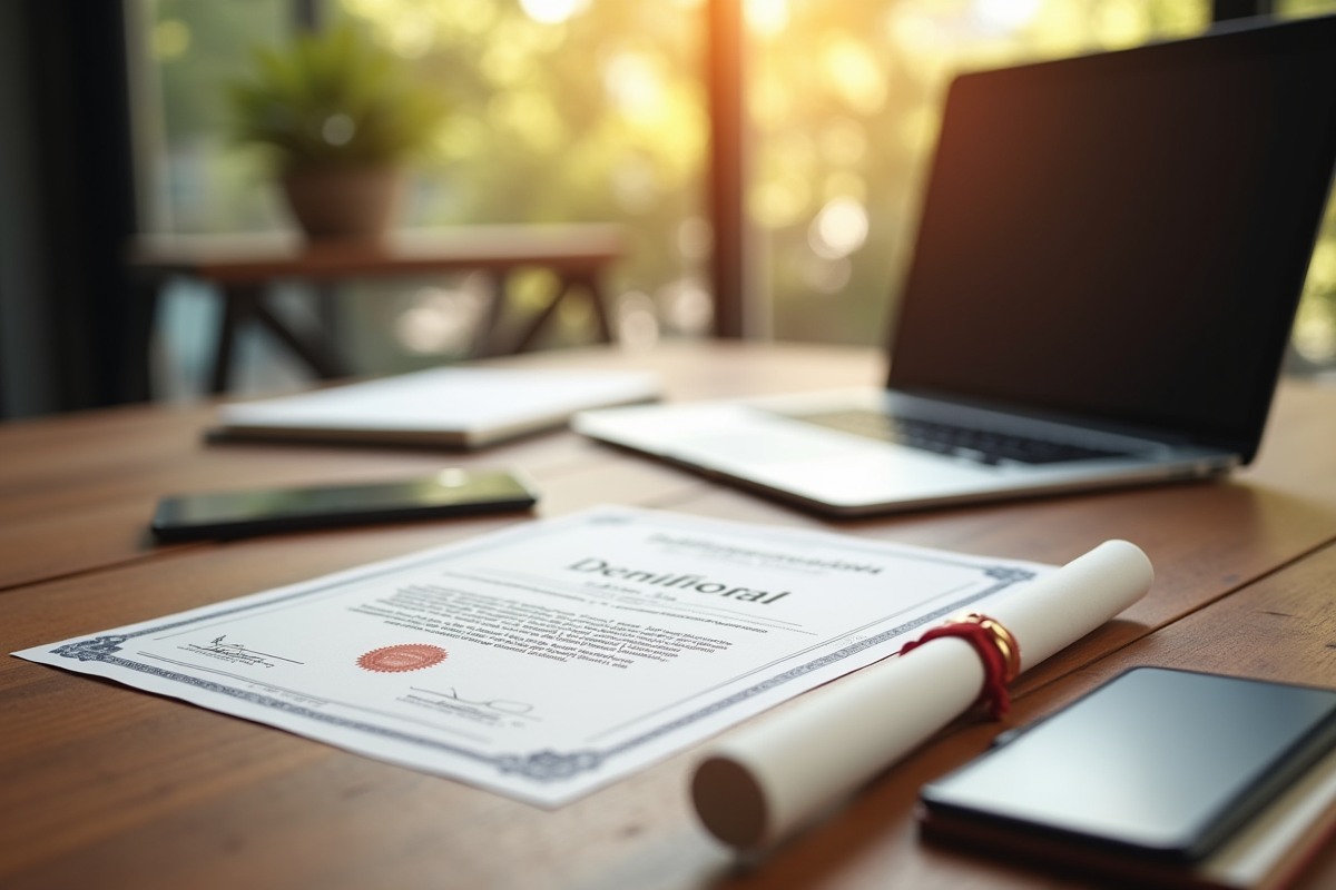 Bureau avec diplôme et certificat sur un bureau ensoleille