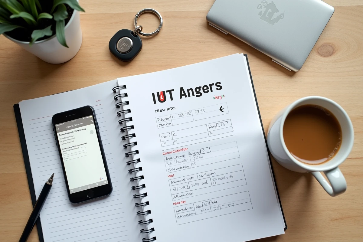 Bureau étudiant avec smartphone affichant une authentification double facteur pour l'ENT IUT Angers
