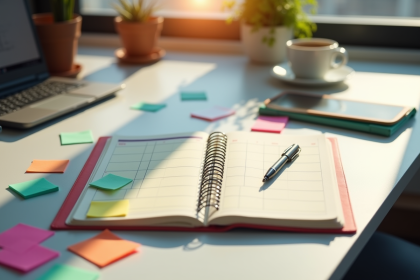 Bureau moderne avec agenda ouvert et notes colorées pour la productivite