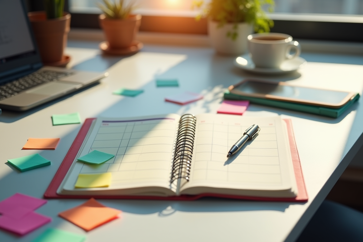 Bureau moderne avec agenda ouvert et notes colorées pour la productivite