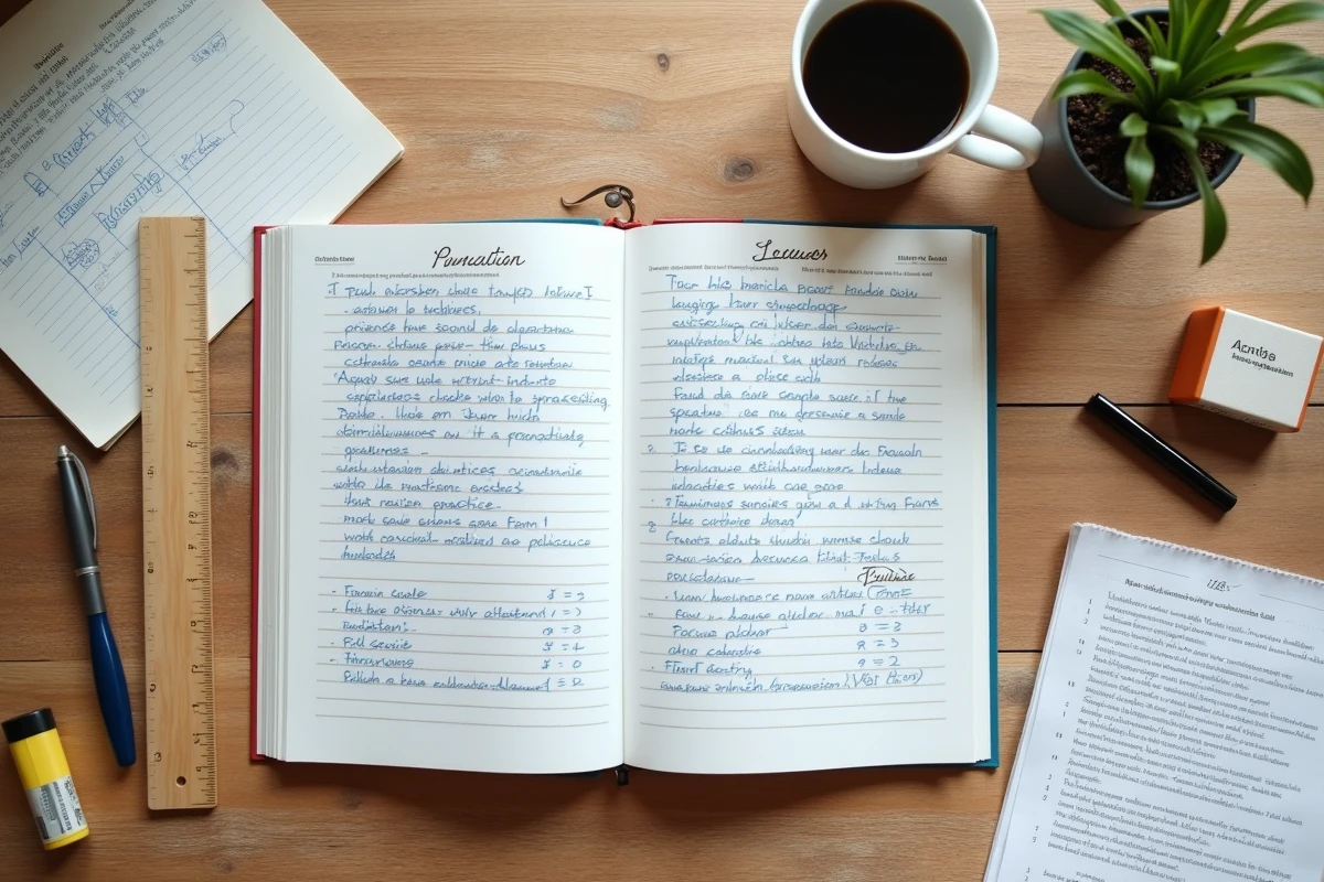 Vue aérienne d'un cahier d'exercices de ponctuation ouvert avec des corrections manuscrites pour la préparation aux concours