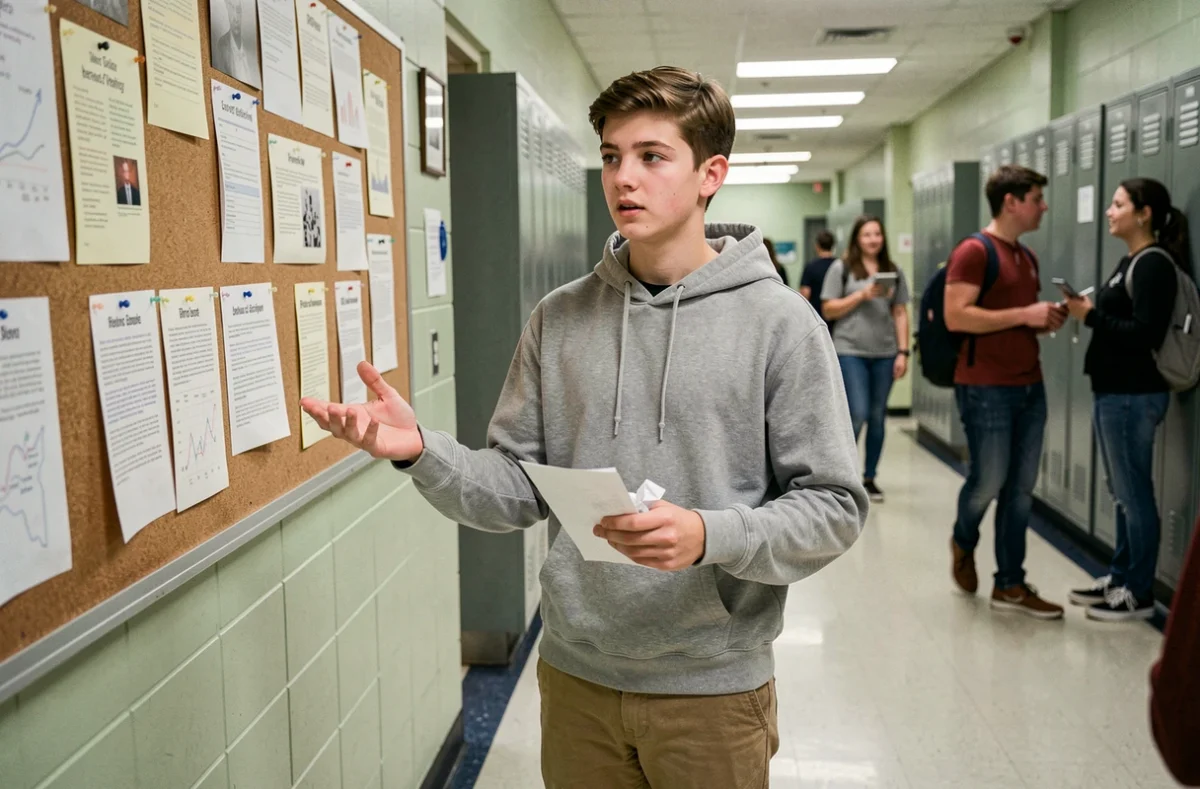 Adolescent faisant campagne pour être délégué de classe dans un couloir d'école avec des affiches au mur