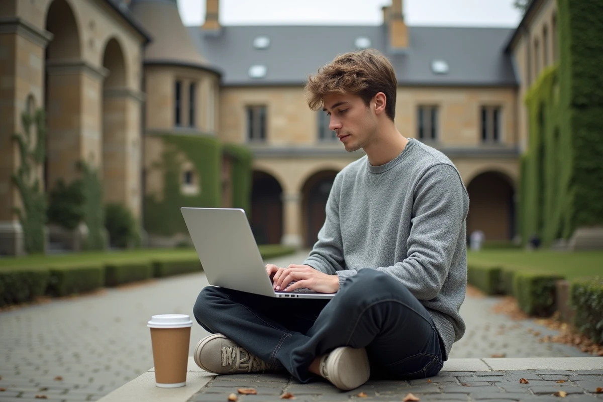 Étudiant travaillant sur sa candidature à Sciences Po Bordeaux dans la cour d'un campus universitaire