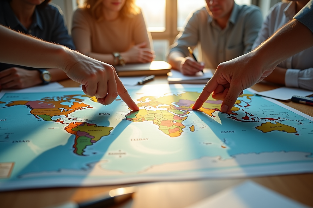 Main pointant une carte du monde avec livres et notes