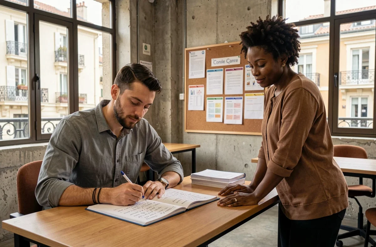 Apprenant adulte travaillant avec une formatrice dans les locaux du Centre Atlas Marseille