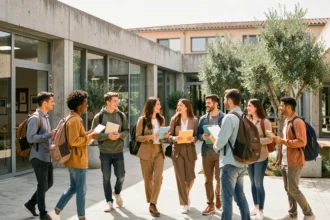 Groupe de jeunes adultes devant un centre de formation professionnel dans les Bouches-du-Rhône