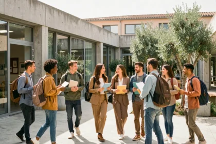 Groupe de jeunes adultes devant un centre de formation professionnel dans les Bouches-du-Rhône