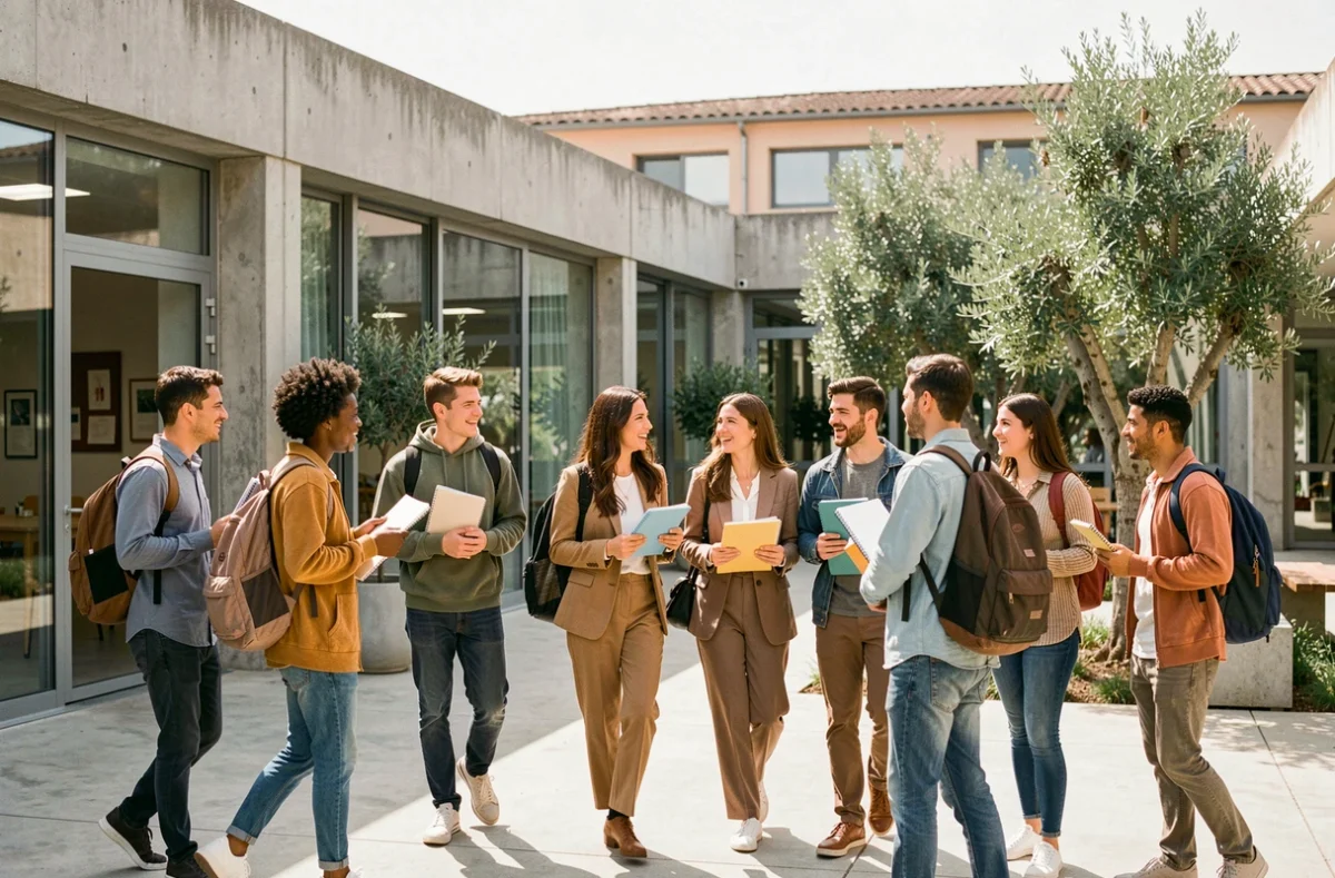 Groupe de jeunes adultes devant un centre de formation professionnel dans les Bouches-du-Rhône