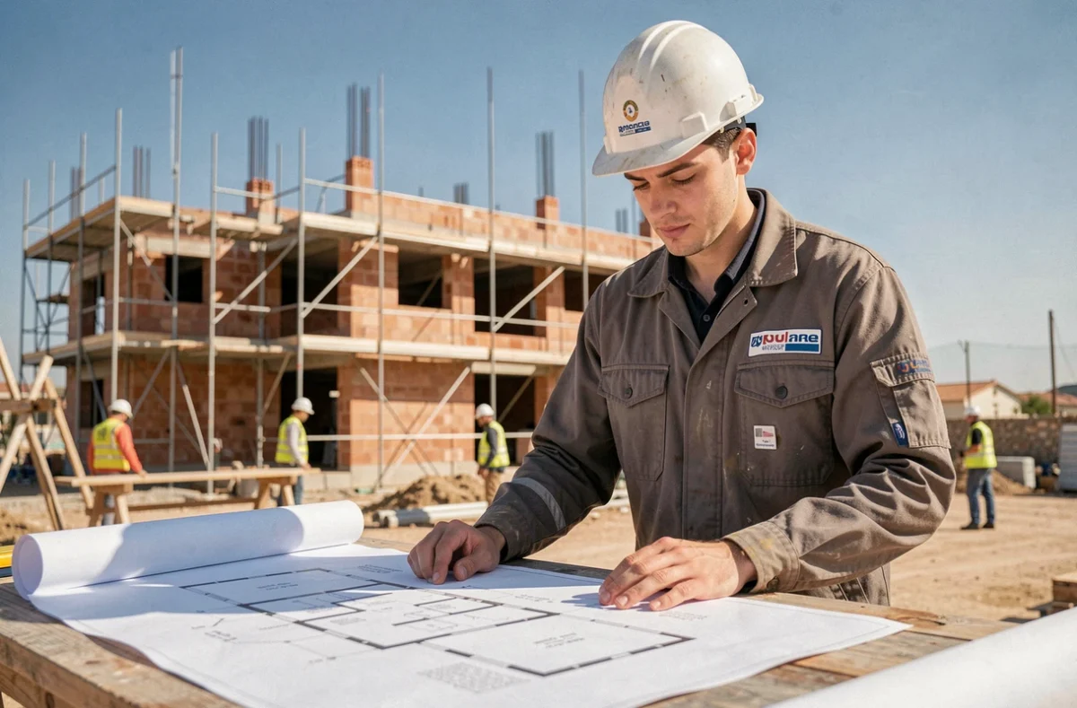 Apprenti du CFA du Bâtiment des Bouches-du-Rhône consultant un plan de construction sur un chantier