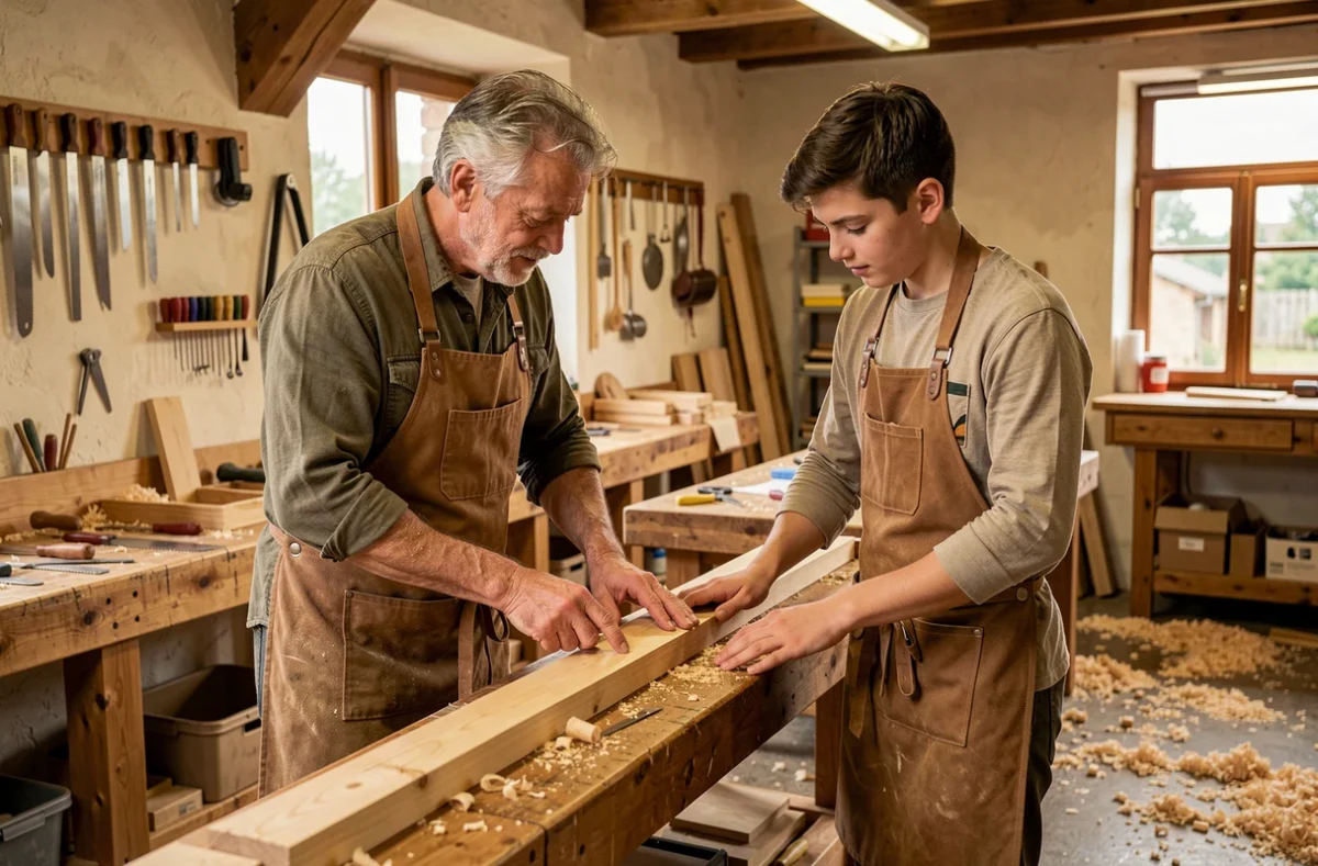 Artisan formateur et apprenti travaillant le bois dans l'atelier du CFA de la Chambre de Métiers et de l'Artisanat Centre-Val de Loire