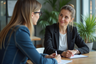 Femme en blazer et jeans en discussion avec coach au bureau