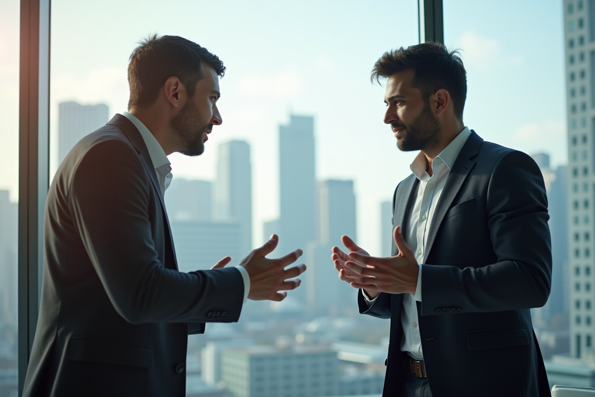 Coach professionnel donnant un feedback à un jeune manager dans un bureau lumineux