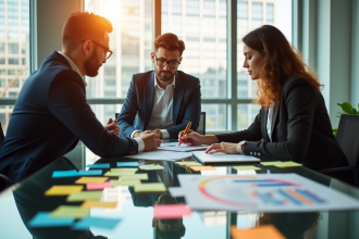 Trois professionnels collaborent dans un bureau moderne avec des notes colorées