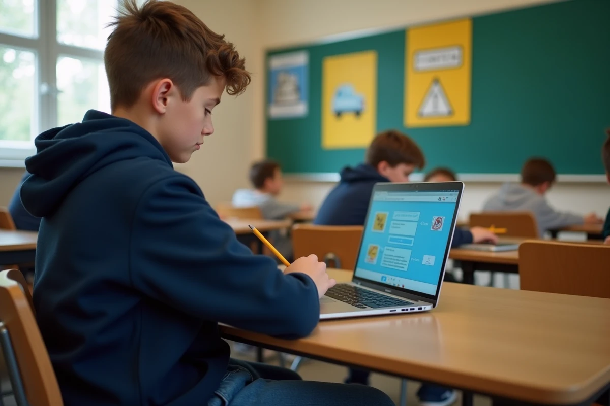 Collégien passant l'examen ASSR sur un ordinateur portable en salle de classe