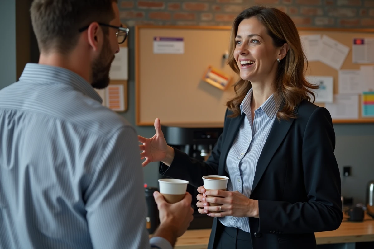 Deux collègues échangeant des recommandations de formations professionnelles par bouche-à-oreille lors d'une pause café au bureau