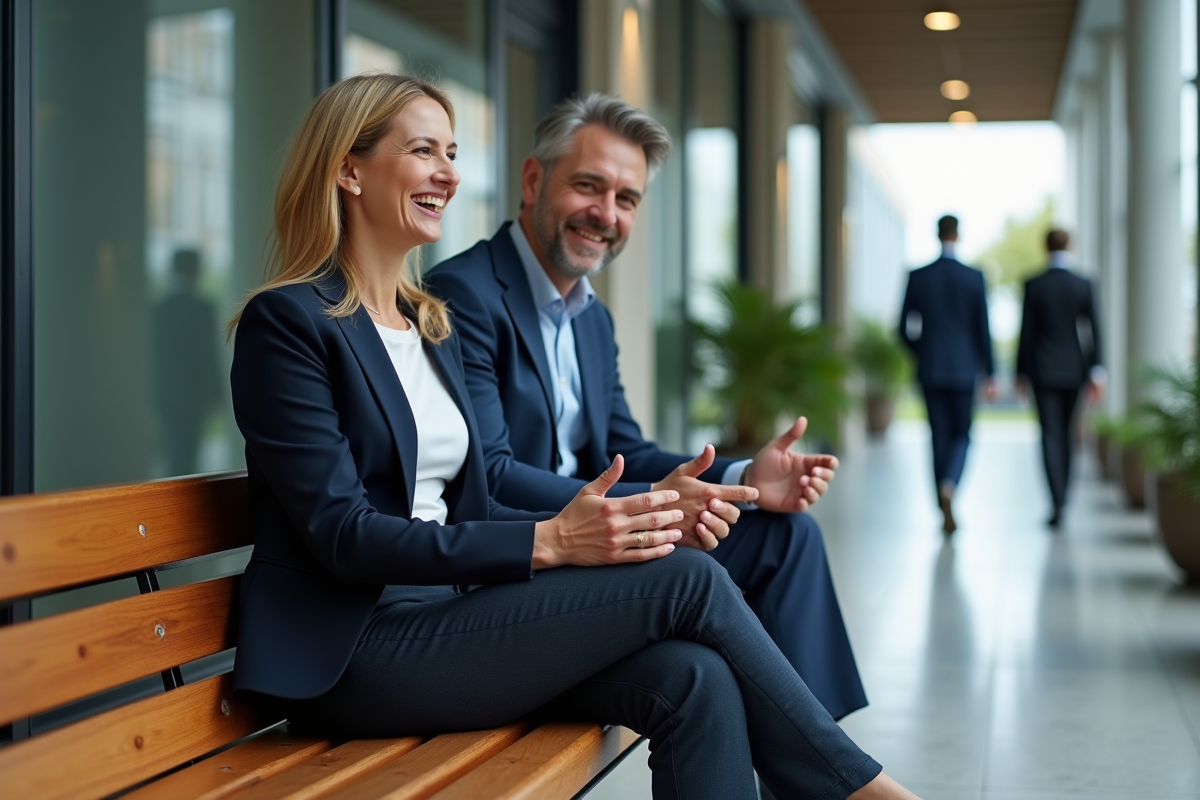 Deux collègues discutant dans un couloir d