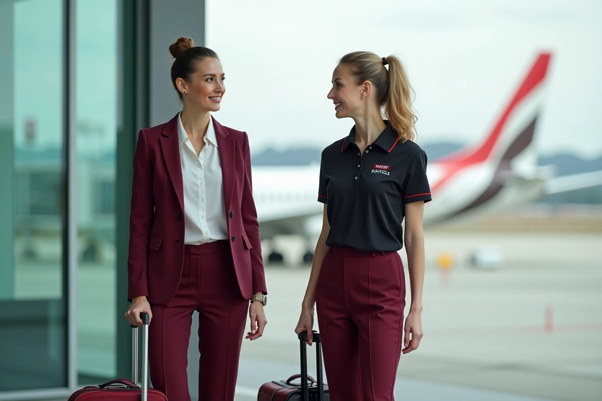 Deux hôtesses de l'air en uniformes différents comparant leur tenue devant un terminal aéroportuaire, symbolisant l'écart salarial entre compagnies nationales et low cost