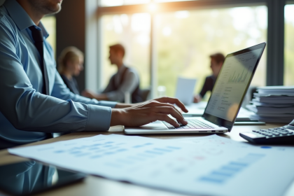 Comptable examinant des rapports financiers sur un ordinateur portable