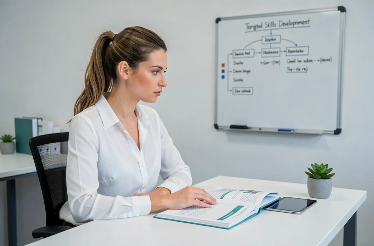 Une professionnelle Comundi travaillant sur un module de montée en compétences ciblé dans un studio de formation épuré