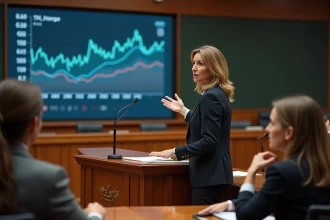 Professeure confiante expliquant un graphique financier en classe