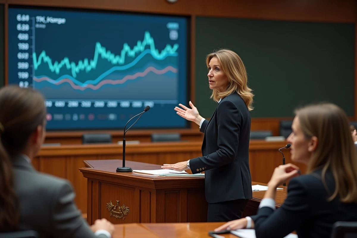 Professeure confiante expliquant un graphique financier en classe