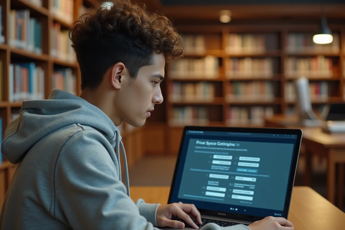 Jeune personne configurant les paramètres de confidentialité et de sécurité d'un compte numérique dans une bibliothèque universitaire