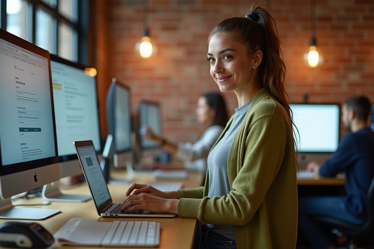 Jeune femme configurant sa messagerie académique de Bordeaux sur un ordinateur portable dans un espace de coworking