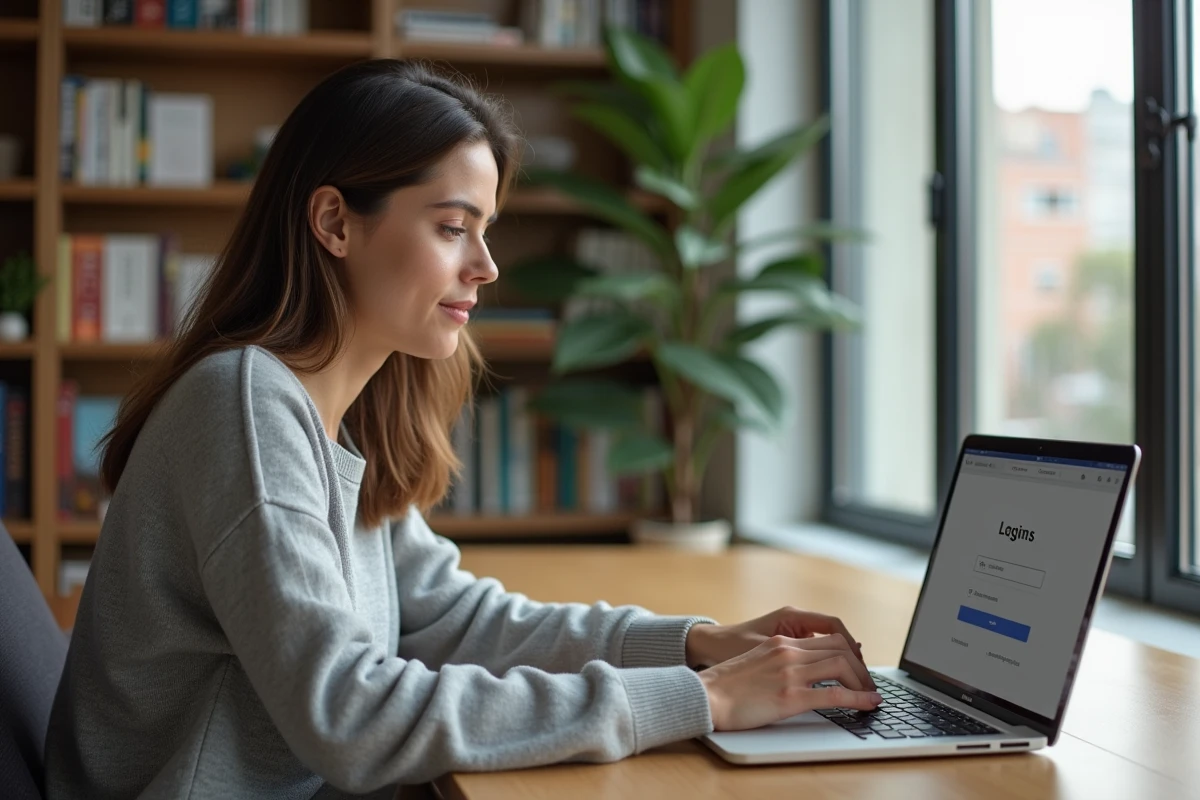Femme connectée à sa plateforme de cours en ligne Mètis AFPA depuis son bureau à domicile