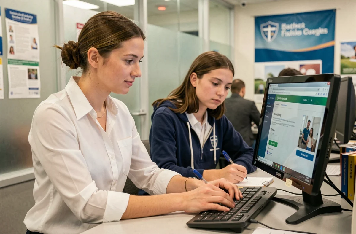 Conseillère universitaire aidant un nouvel étudiant à se connecter pour la première fois à la plateforme eduservices my campus