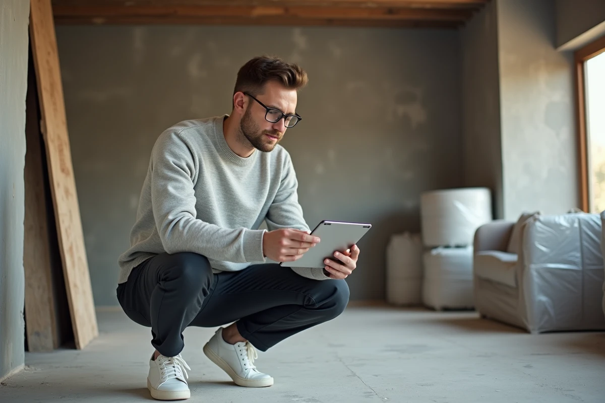 Consultant en aménagement intérieur analysant un rendu 3D sur tablette dans un appartement en cours de rénovation