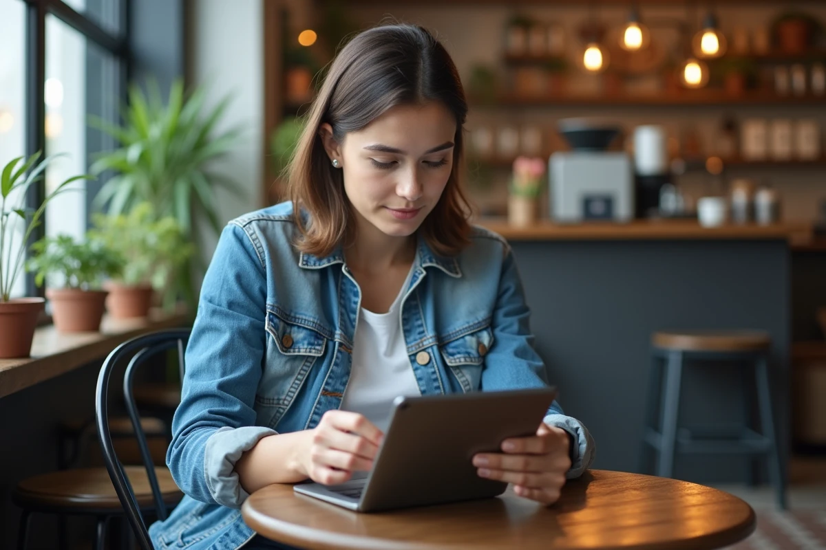 Jeune femme consultant ses cours en ligne sur tablette depuis un café, plateforme Mètis AFPA