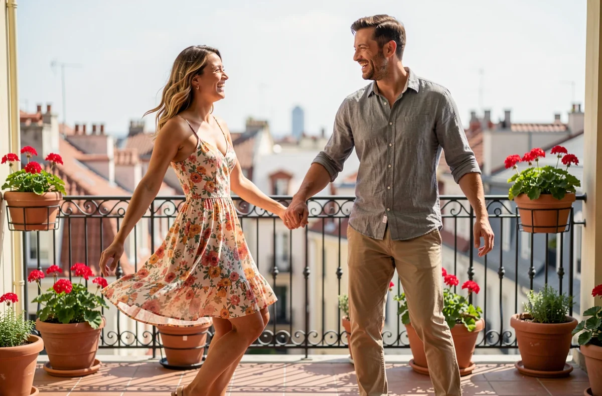 Couple apprenant le sirtaki ensemble sur un balcon fleuri avec vue sur les toits
