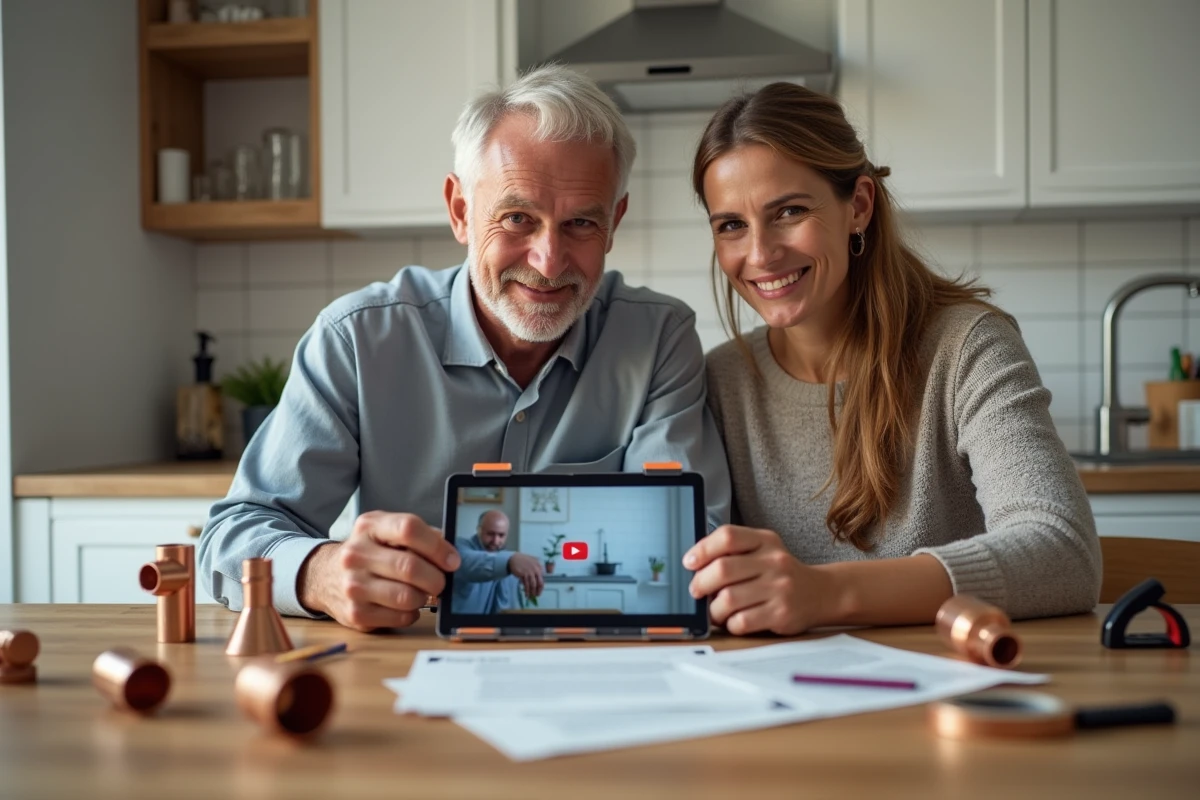 Couple suivant ensemble un tutoriel de plomberie en ligne sur tablette avec raccords en cuivre et outils posés sur une table de cuisine