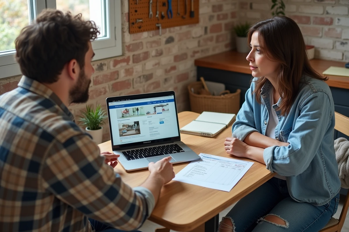 Couple consultant une formation bricolage en ligne pour planifier des travaux et réduire leurs futures factures