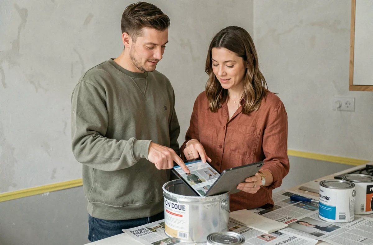 Couple consultant une formation bricolage en ligne sur tablette dans une cuisine en cours de rénovation