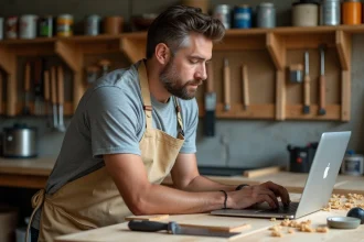 Homme suivant un cours de bricolage en ligne sur son ordinateur portable dans un atelier garage avec outils et établi en bois