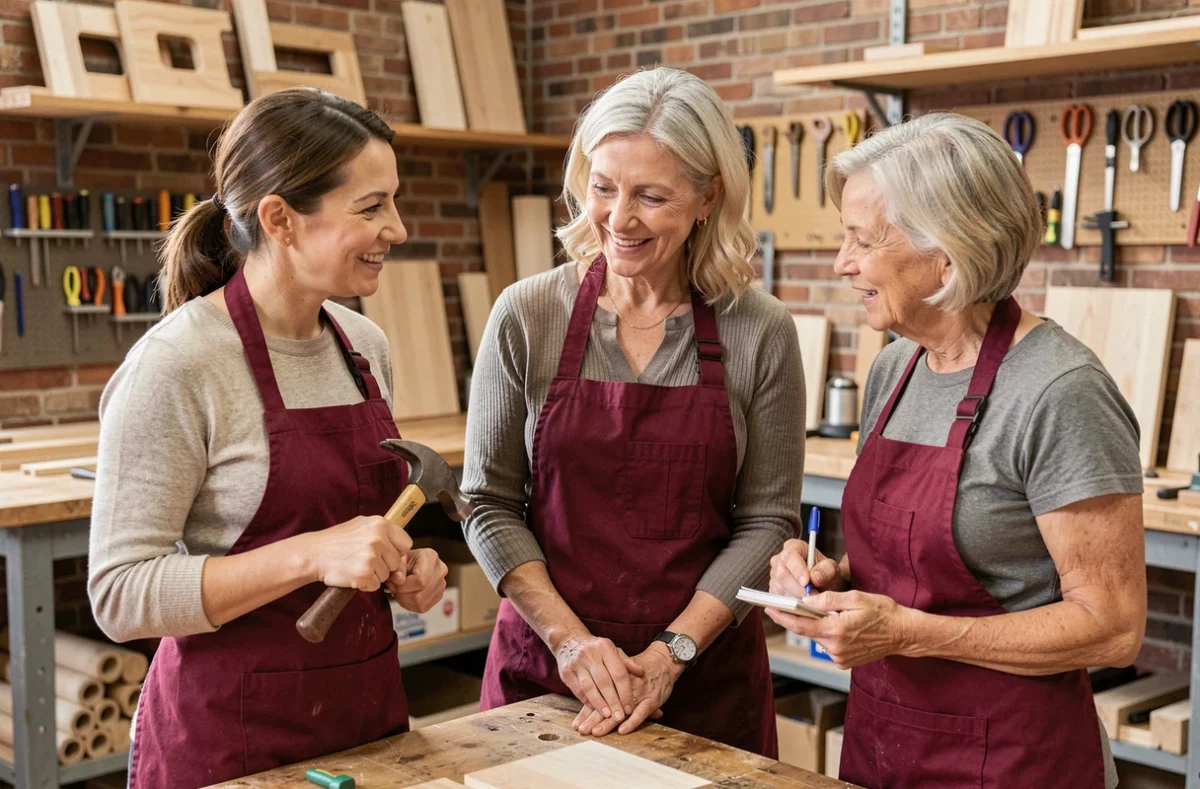 Groupe de trois femmes participant à un cours de bricolage en atelier, l'une tenant un marteau, toutes portant des tabliers bordeaux, dans un espace professionnel avec murs en briques apparentes